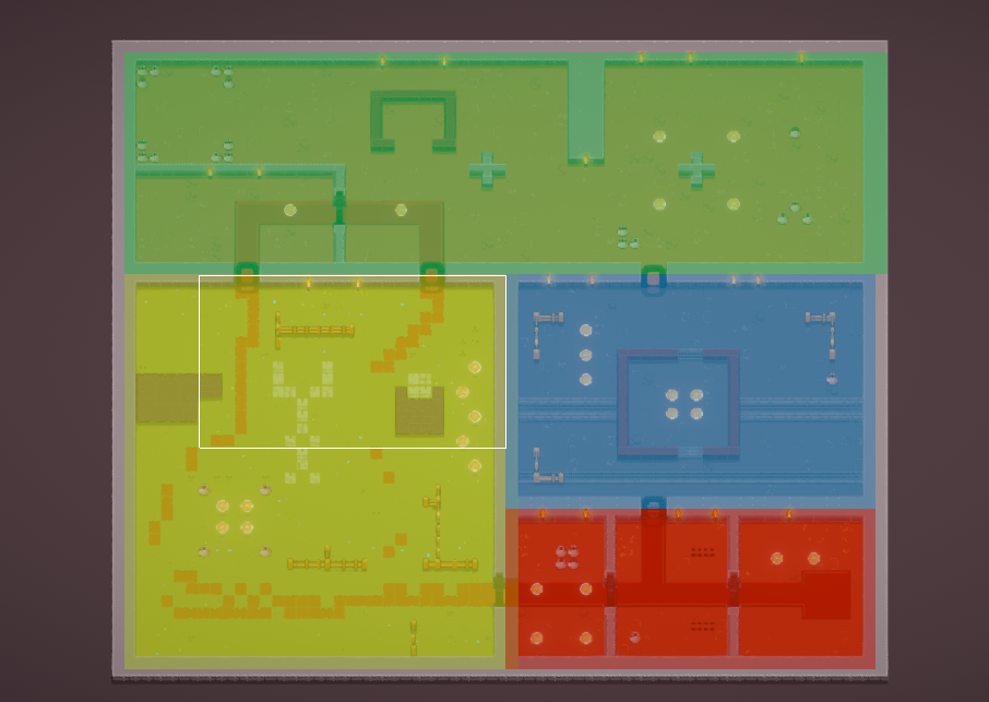 The Cinemachine Rooms and their colored gizmos in the KoalaCinemachineZones demo scene